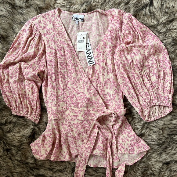 Ganni Tops - GANNI Floral Linen Wrap Top with Puffy Sleeves